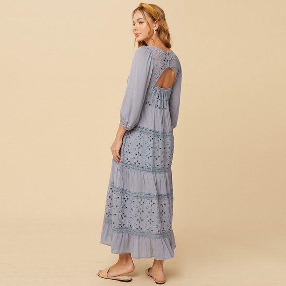Listicle Misty Blue Maxi Dress NWT • Rayon Long Sleeve Boho Textured Embroidered - Picture 7 of 13